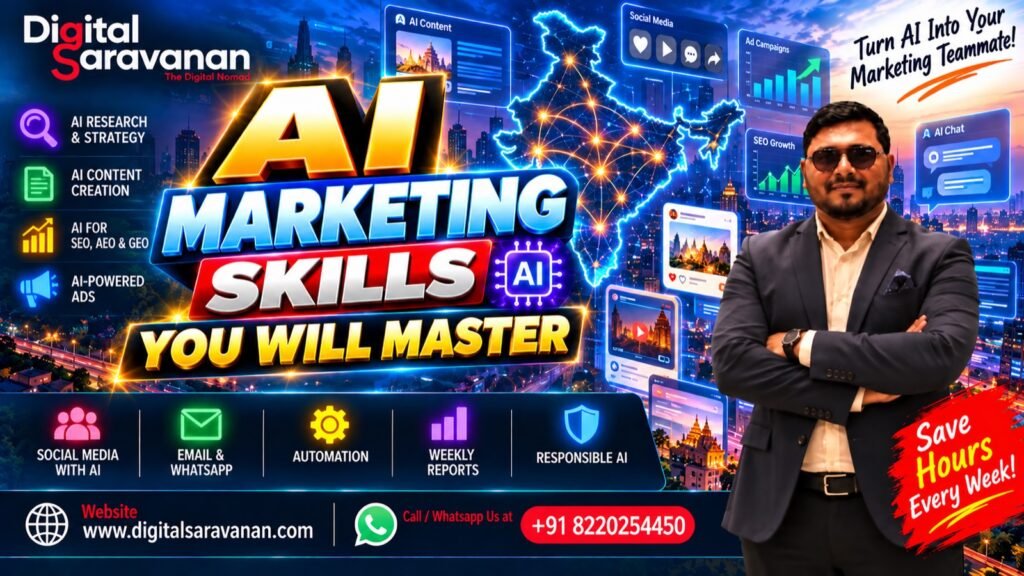 AI marketing skills taught by Digital Saravanan: AI research and strategy, AI content creation, AI for SEO, AEO and GEO, and AI-powered ads