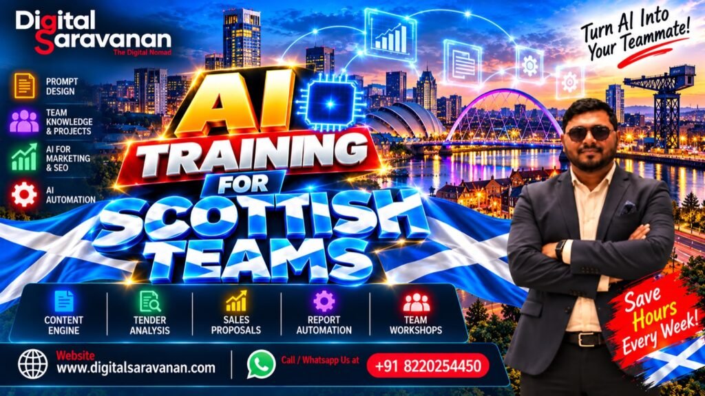 AI training for Scottish teams by Digital Saravanan: prompt design, team knowledge and Projects, AI for marketing and SEO, and AI automation, with Glasgow and the River Clyde in the background