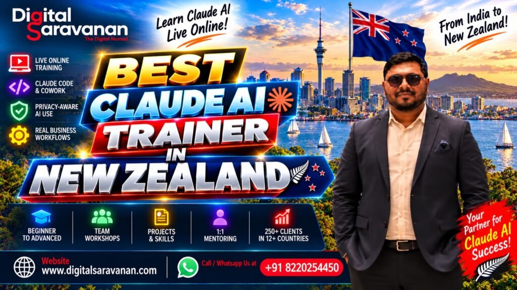 Best Claude AI Trainer in New Zealand - Digital Saravanan, live online Claude AI trainer with the Auckland harbour skyline
