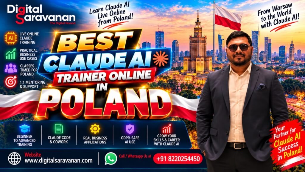 Best Claude AI trainer in online Poland - Digital Saravanan, live online Claude AI trainer, with the Warsaw skyline and Polish flag