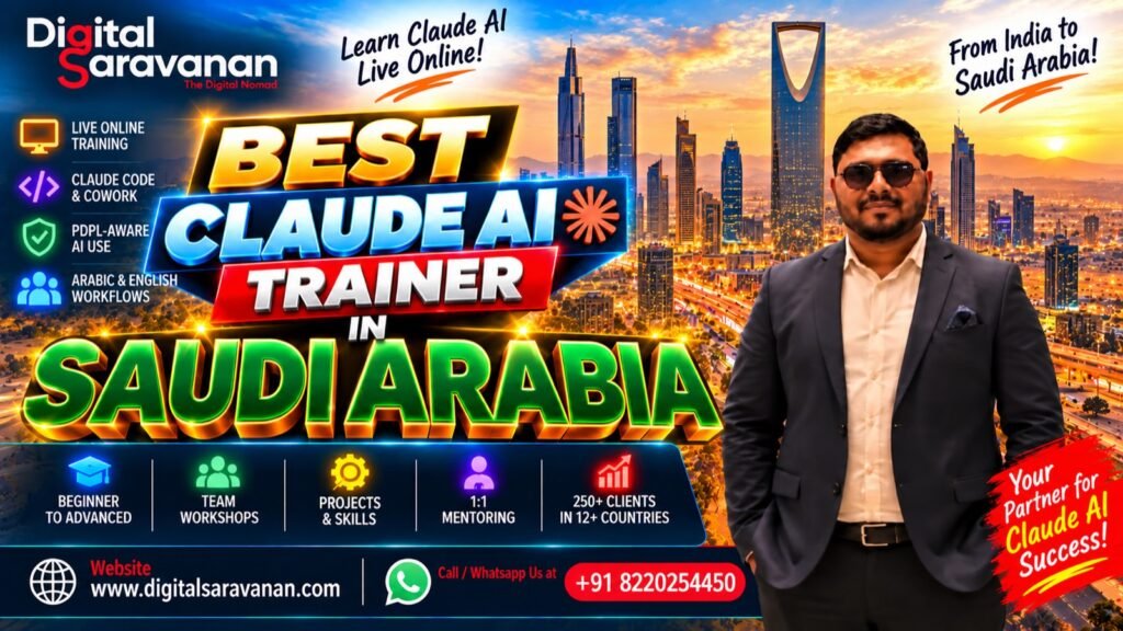 Best Claude AI Trainer in Saudi Arabia - Digital Saravanan, live online Claude AI trainer with the Riyadh skyline