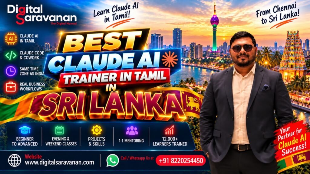 Best Claude AI Trainer in Tamil in Sri Lanka - Digital Saravanan, Claude AI trainer with the Colombo skyline and a Jaffna temple gopuram
