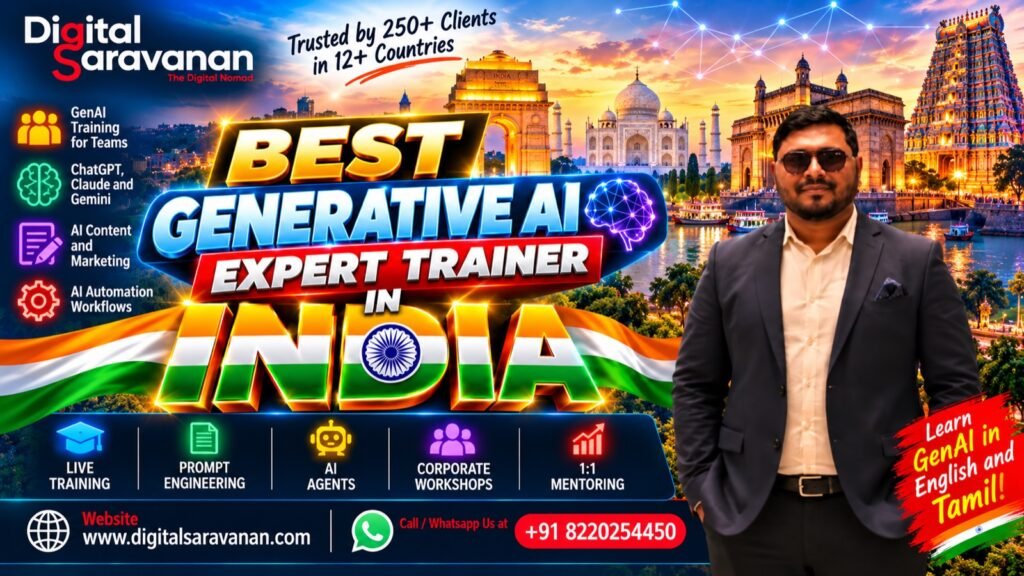 Best Generative AI Expert Trainer in India - Digital Saravanan, generative AI trainer teaching ChatGPT, Claude and Gemini