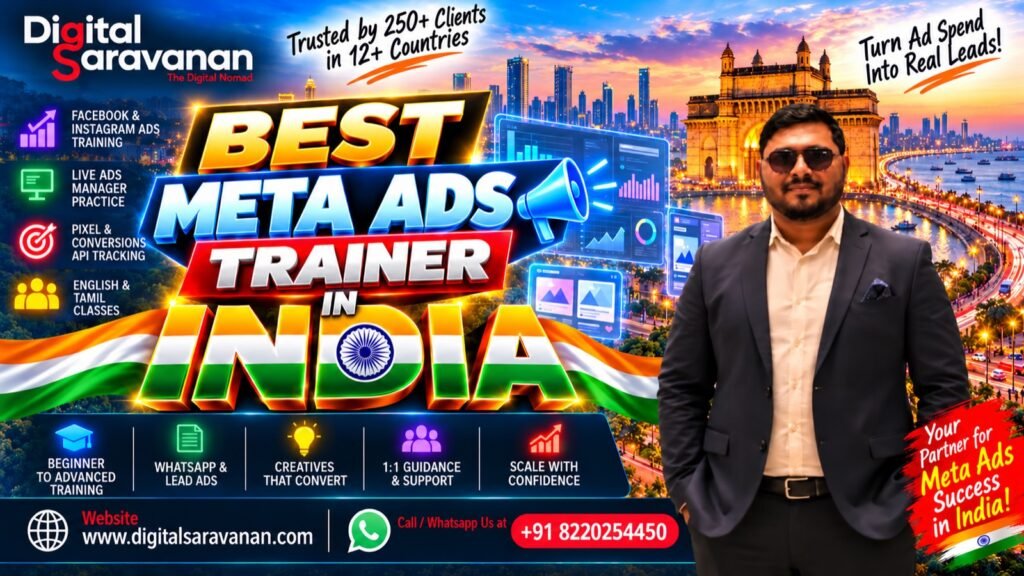 Best Meta Ads trainer in India - Digital Saravanan, Founder of DigiMonk Agency & Academy, Chennai, teaching Facebook and Instagram ads