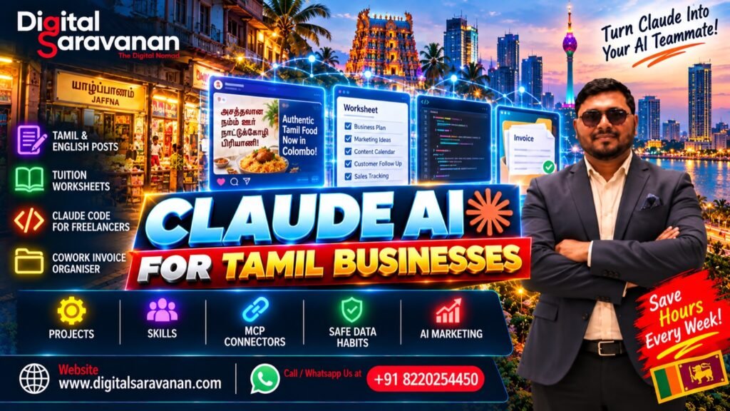 Claude AI for Tamil businesses in Sri Lanka by Digital Saravanan: Tamil and English posts, tuition worksheets, Claude Code for freelancers and a Cowork invoice organiser
