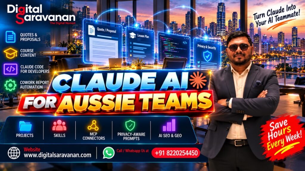 Claude AI training for Australian teams by Digital Saravanan: quotes and proposals, course content, Claude Code for developers and Cowork report automation
