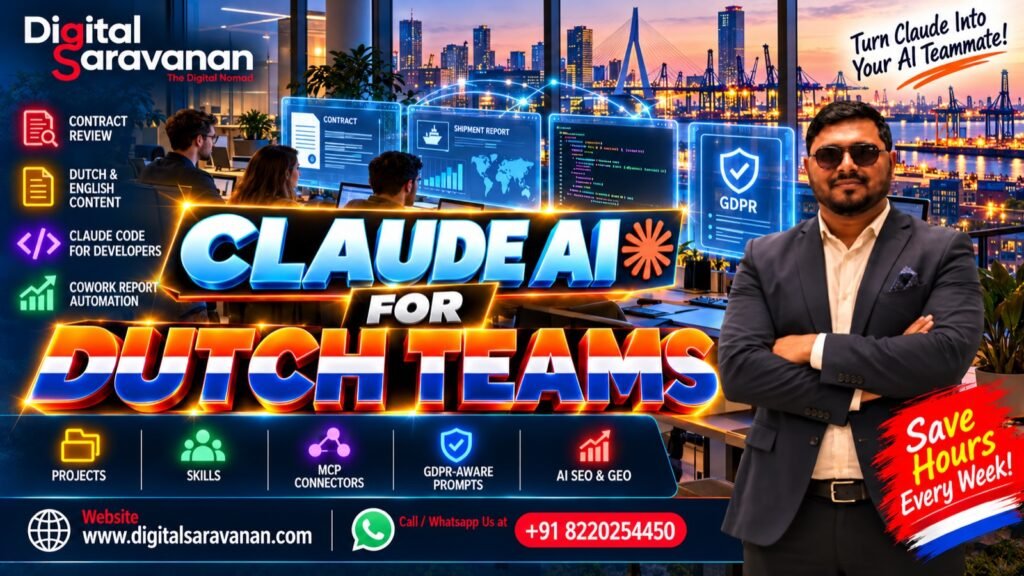 Claude AI training for Dutch teams by Digital Saravanan: contract review, Dutch and English content, Claude Code for developers and Cowork report automation