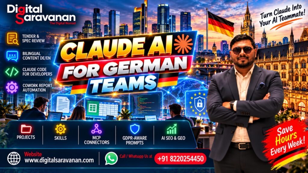 Claude AI training for German teams by Digital Saravanan: tender review, bilingual German and English content, Claude Code and Cowork report automation