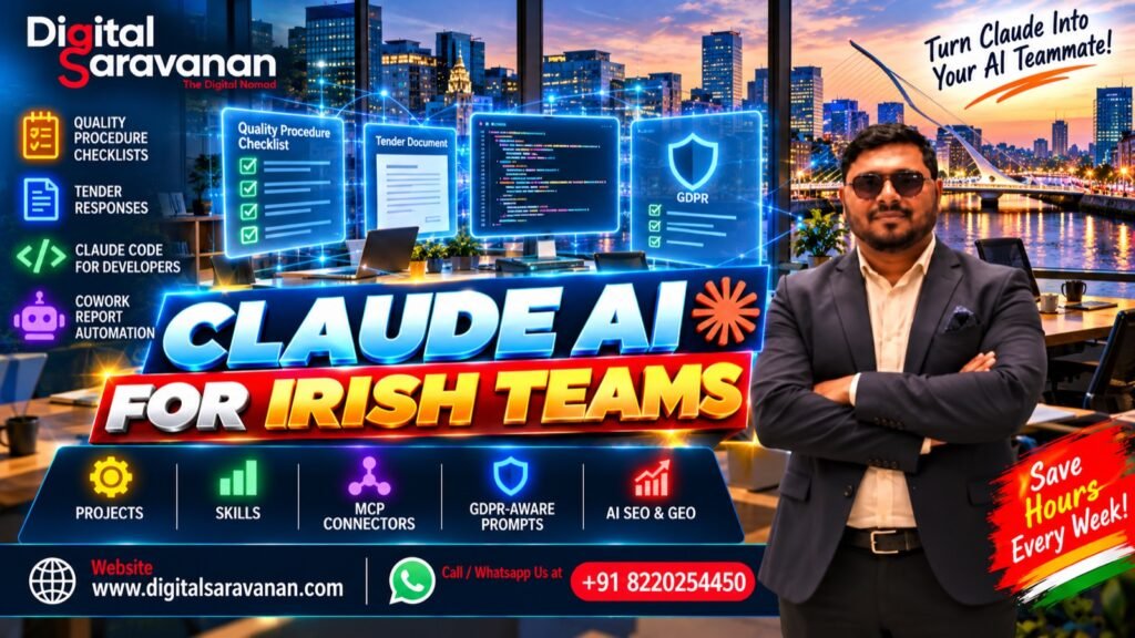 Claude AI training for Irish teams by Digital Saravanan: quality procedure checklists, tender responses, Claude Code for developers and Cowork report automation