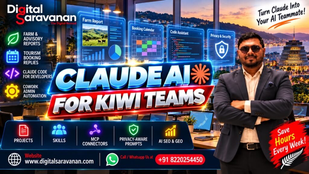 Claude AI training for New Zealand teams by Digital Saravanan: farm and advisory reports, tourism booking replies, Claude Code for developers and Cowork admin automation