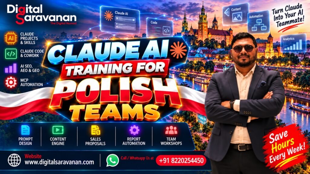 Claude AI training for Polish teams by Digital Saravanan: Projects and Skills, Claude Code and Cowork, AI SEO, and MCP automation, with Krakow in the background