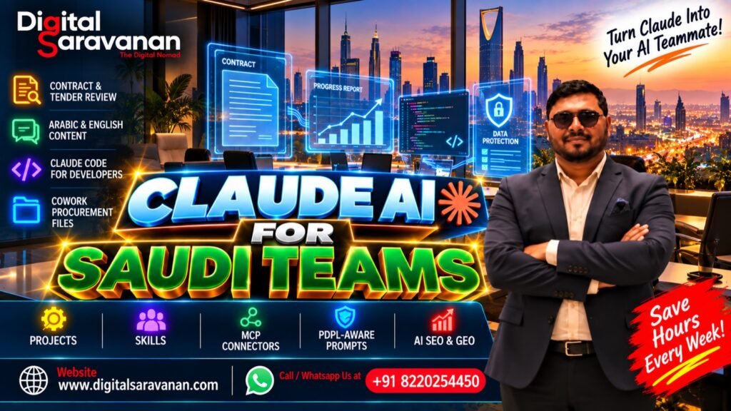 Claude AI training for Saudi teams by Digital Saravanan: contract and tender review, Arabic and English content, Claude Code for developers and Cowork procurement files