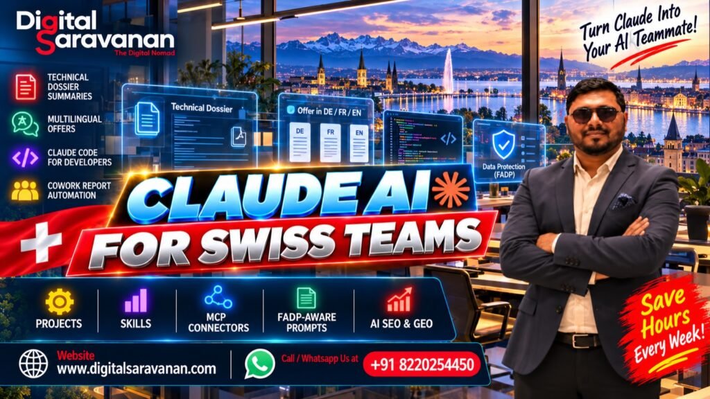 Claude AI training for Swiss teams by Digital Saravanan: technical dossier summaries, multilingual offers, Claude Code for developers and Cowork report automation