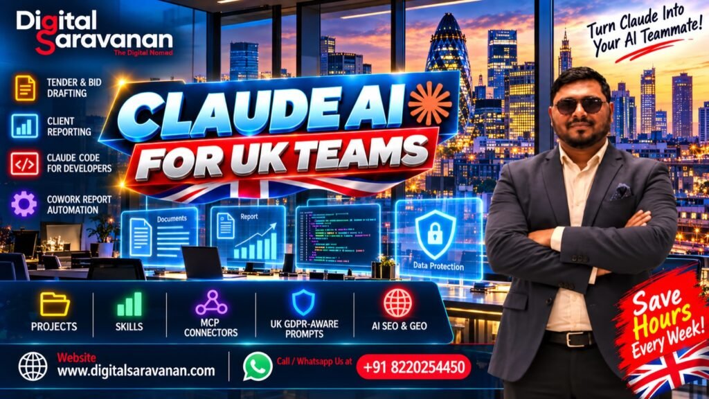 Claude AI training for UK teams by Digital Saravanan: tender and bid drafting, client reporting, Claude Code for developers and Cowork report automation