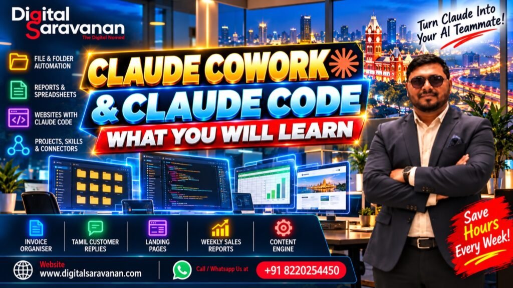 Claude Cowork and Claude Code course modules by Digital Saravanan: file automation, reports, websites with Claude Code, Projects, Skills and connectors