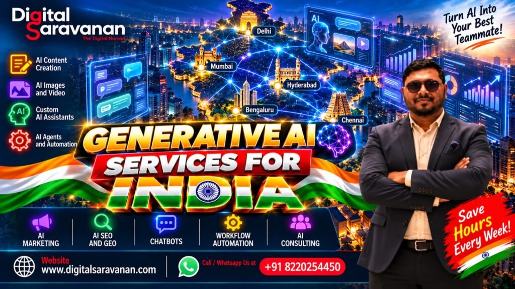 Generative AI services for India by Digital Saravanan: AI content creation, AI images and video, custom AI assistants, AI agents and automation