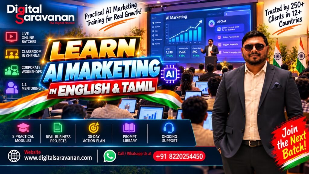 Learn AI marketing from the best digital marketing AI trainer in India - Digital Saravanan classes in English and Tamil