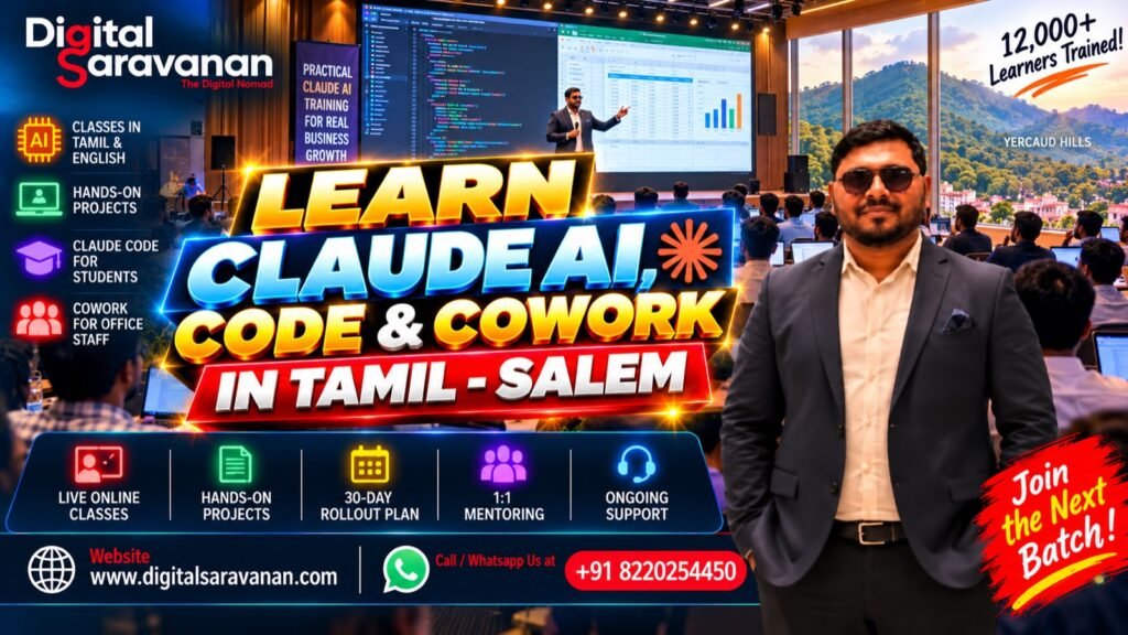 Learn Claude AI, Code and Cowork from the best Claude AI Code Cowork expert trainer in Salem Tamilnadu - Digital Saravanan training in Tamil and English