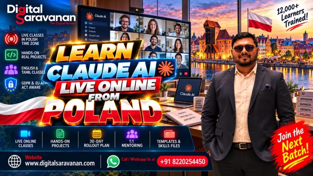 Learn Claude AI live online from Poland with the best online Claude AI trainer, Digital Saravanan: live classes in the Polish time zone, in English and Tamil