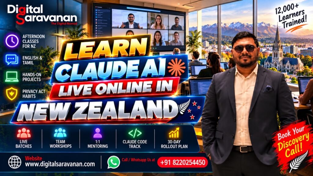 Learn Claude AI live online in New Zealand from Digital Saravanan - afternoon classes, team workshops, 1:1 mentoring and a Claude Code track