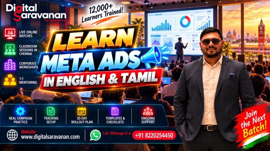 Learn Meta Ads from the best Meta Ads trainer in India - Digital Saravanan training in English and Tamil, online and in Chennai
