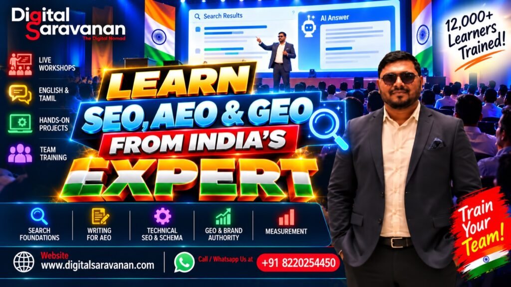 Learn SEO, AEO and GEO from the best SEO AEO GEO expert in India - Digital Saravanan training in English and Tamil