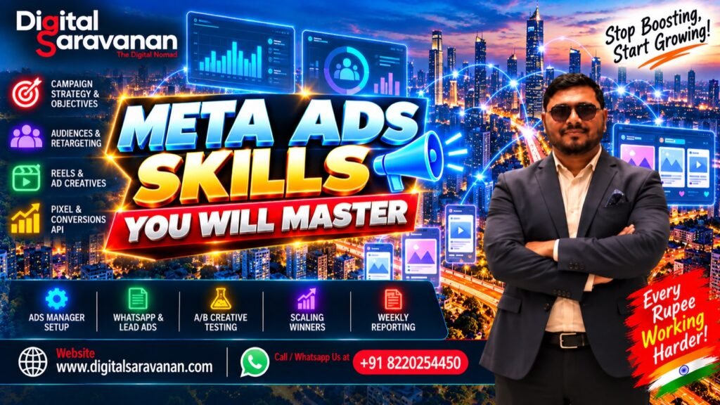 Meta Ads skills taught by Digital Saravanan: campaign strategy and objectives, audiences and retargeting, reels and ad creatives, and Pixel and Conversions API tracking