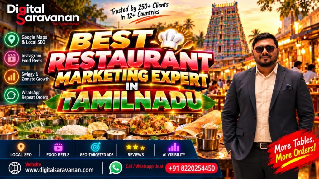 Best restaurant marketing expert in Tamilnadu - Digital Saravanan, restaurant marketing consultant for local SEO, food reels, delivery apps and WhatsApp repeat orders
