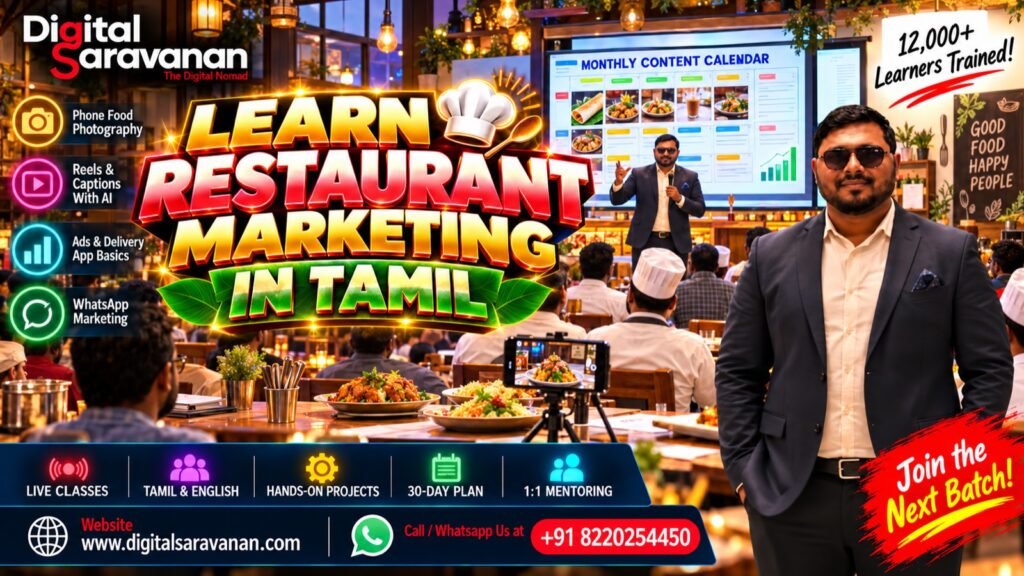 Learn restaurant marketing in Tamil from the best restaurant marketing expert in Tamilnadu - Digital Saravanan training in English and Tamil