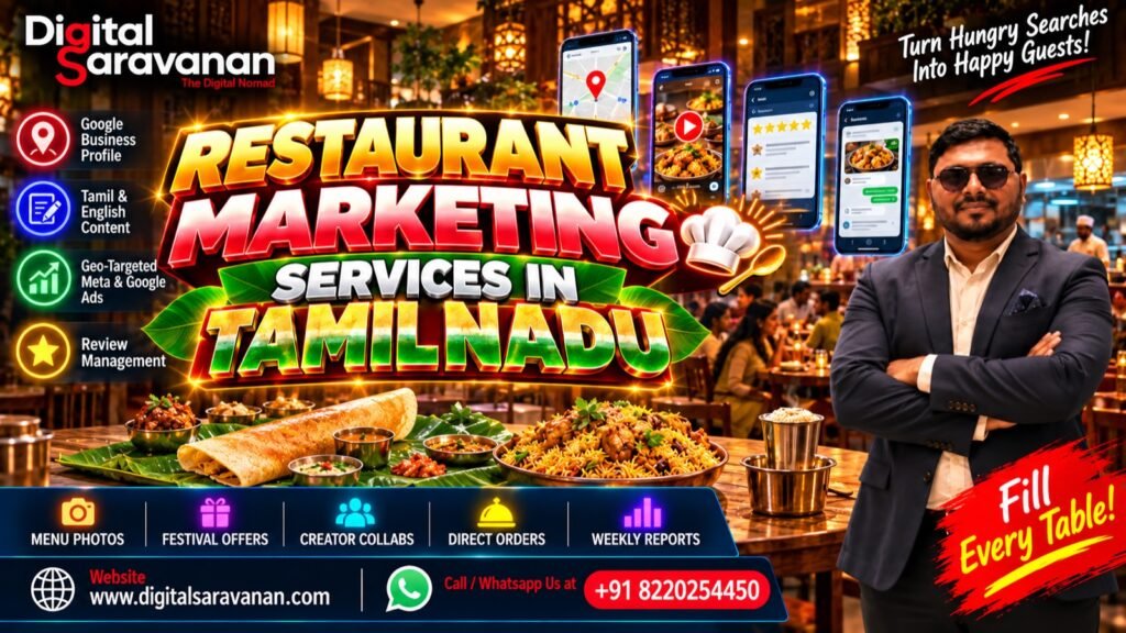 Restaurant marketing services in Tamil Nadu by Digital Saravanan: Google Business Profile, Tamil and English content, geo-targeted Meta and Google ads, review management